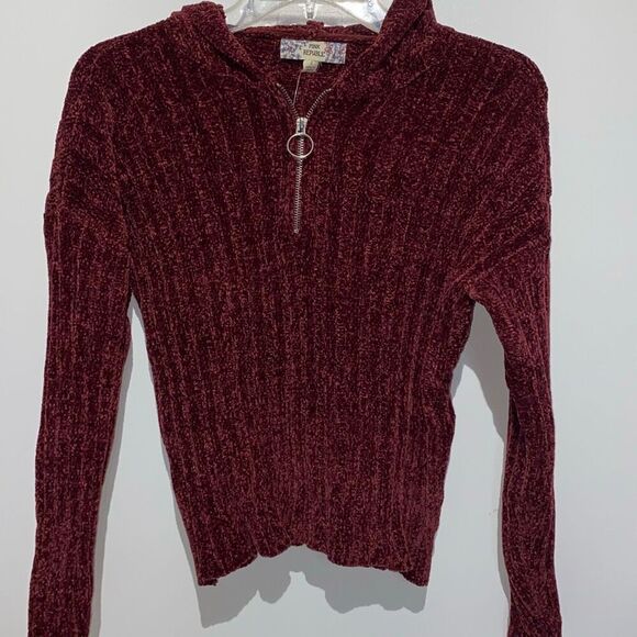 Pink Republic Women's Spiced Wine Chenille Quarter Zip Hooded Sweater Small NWT - Picture 3 of 10